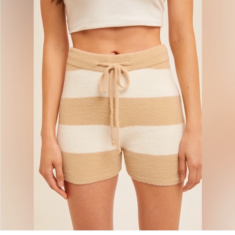 Hem & Thread Tan and White Striped High Waist Shorts